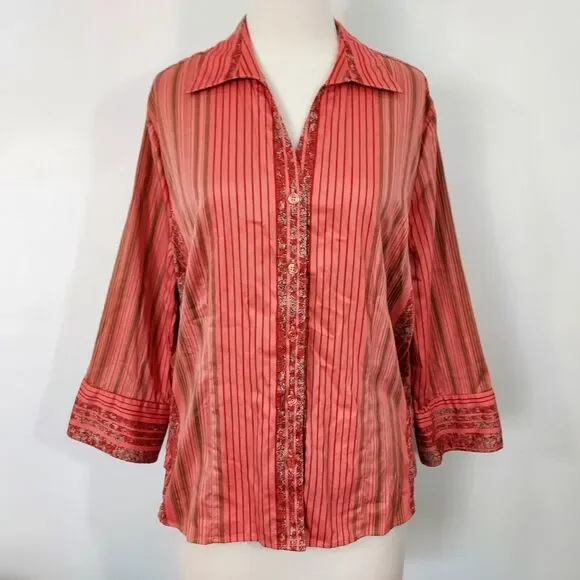 CJ Banks Shirt Top Womens Plus 1X Button Up Stretch Striped Floral 3/4 Sleeves - Picture 2 of 12